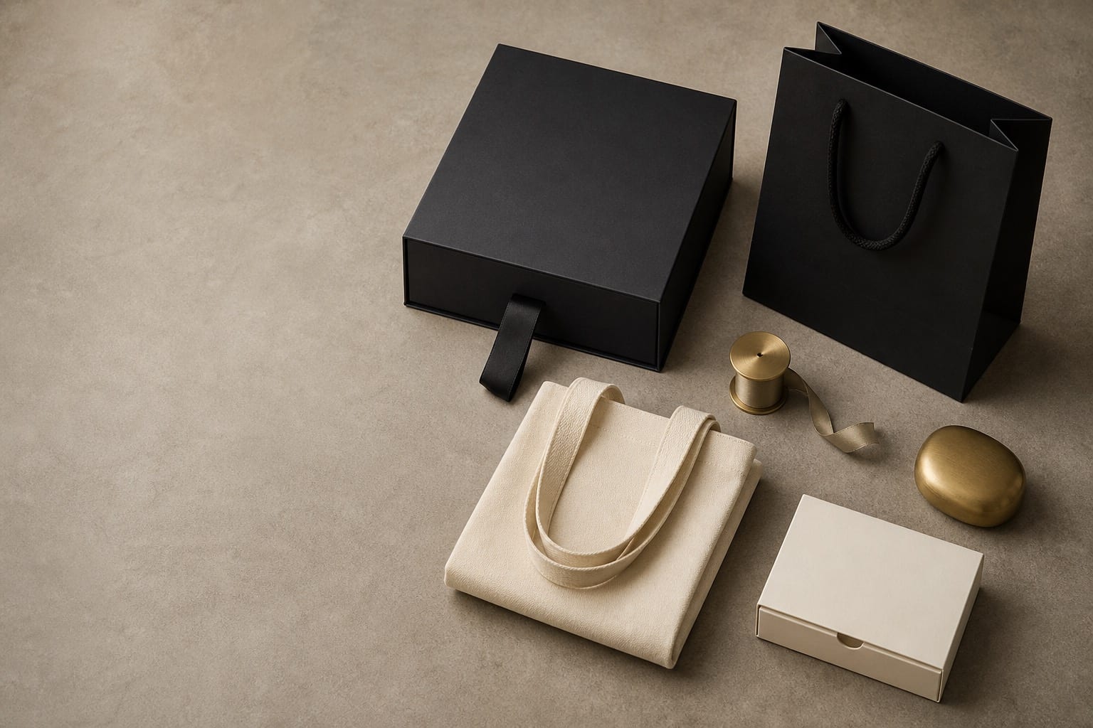Black sliding drawer rigid gift box, black paper gift bag, natural canvas tote bag and cream lidded box arranged on a stone surface