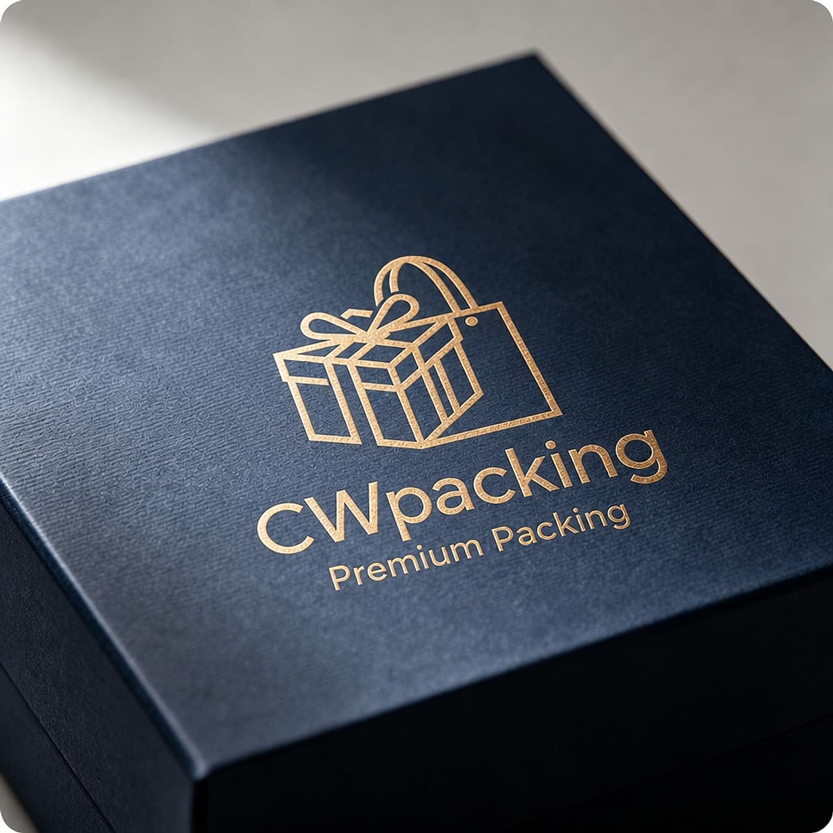 Navy rigid box, gold foil logo